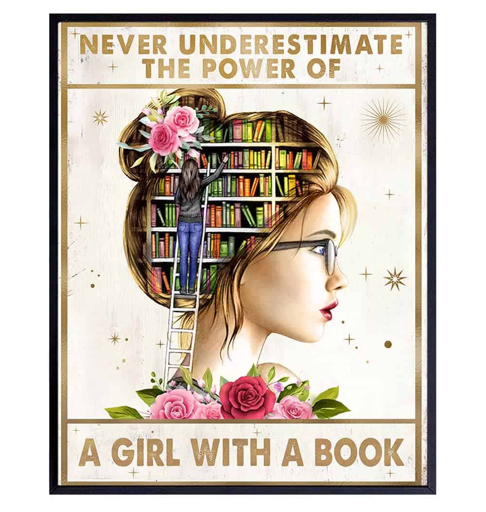 YELLOWBIRD ART & DESIGN Never Underestimate A Girl With A Book Wall Art - Girls Room Motivational Quote - Inspirational Saying - Classroom Wall Art Poster - Daughter Gift - Teacher Gift - Girls Bedroom Decor UNFRAMED 8x10