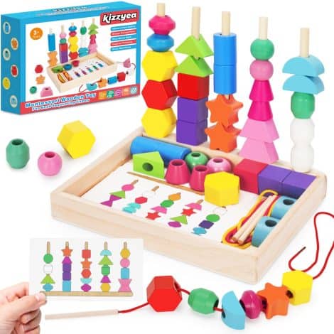 STEM Montessori Learning Toys: KIZZYEA Wooden Beads with Storage Box for Toddlers, Shape Stacker, Sequencing Blocks. Gift for Kids.