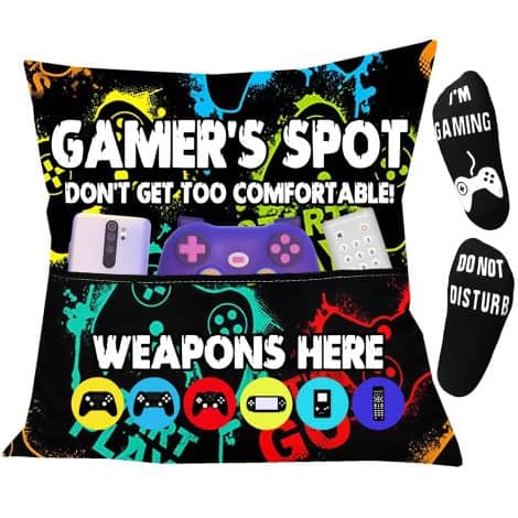 Gamer-themed pillow cover and socks set for a fun and stylish gamer room decor. Perfect gamer gift!