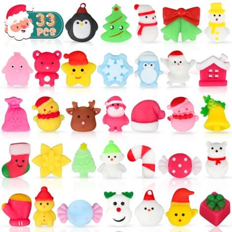 Christmas Party Favors: 33 adorable Christmas squishy toys for kids, perfect as stress relievers or party gifts.