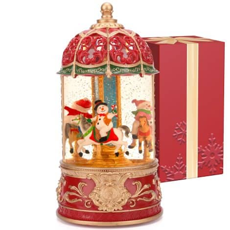 Vintage Carousel Snow Globe Lantern with Music Box, perfect for Christmas decoration and gifting, 6H Timer, USB/Battery powered.