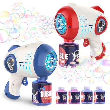 Eaglestone 2 Kids Bubble Gun: Light-up, automatic bubble machine with 8 holes, 4 refills, perfect for outdoor fun! Ideal for birthdays and Christmas parties.