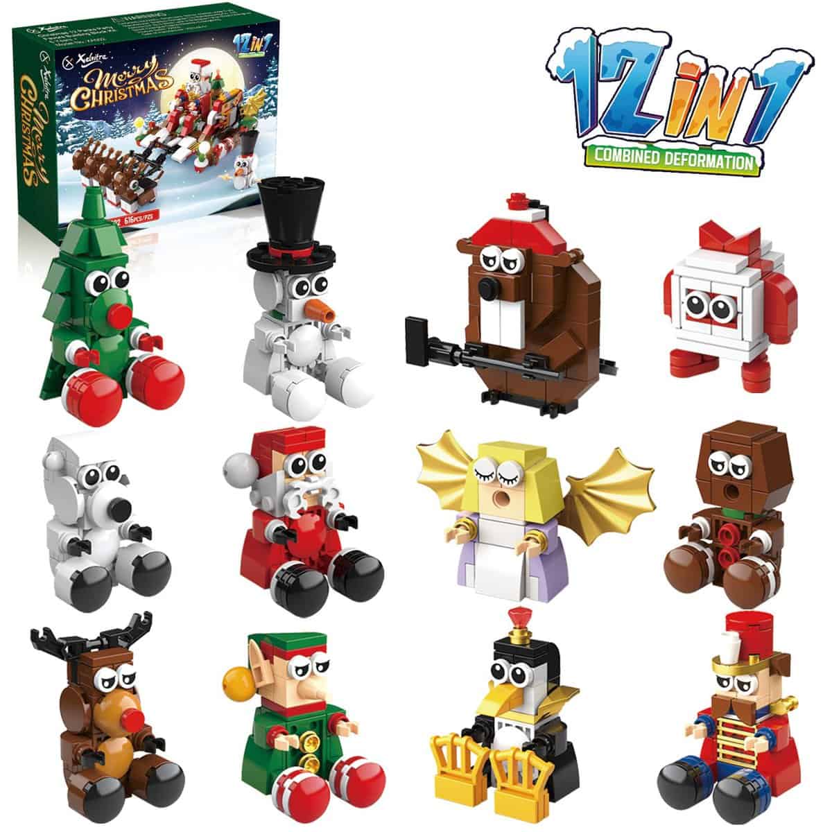 Christmas Party Favors 12 in 1 Building Blocks Set Gift, Christmas Toys Mini Cute Bricks 12 Pcs Advent Calendar Goodie Bags Fillers Classroom Prizes Compatible with Lego for Kids Boys or Girls 6-12