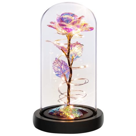 Colorful Rainbow Artificial Flower Rose in Glass Dome: Perfect gift for her on birthdays, Christmas, and anniversaries!