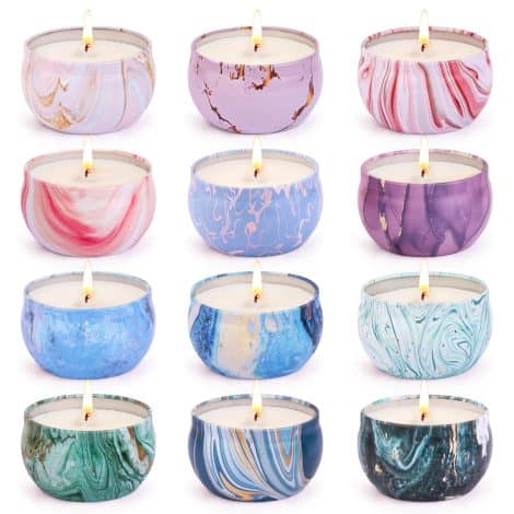 Gift set of 12 scented soy wax candles, perfect for women on Valentine’s, birthday, or Christmas.