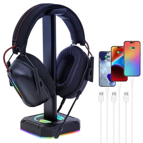 TuparGo Gaming Headset Stand with RGB Lights, 3 USB Ports for Charging, Keyboard and Mouse Connectivity.