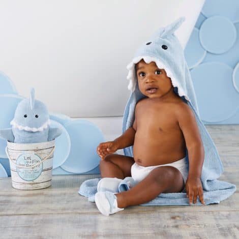 Baby Aspen’s “Let The Fin Begin” 4 Pc Bath Time Gift Set — Cute Baby Shark Hooded Towel, Blue, Newborn to 9 Months.