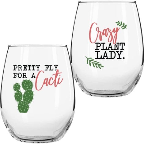 Set of 2 humorous wine glasses featuring succulent plants, perfect gift for plant lovers.