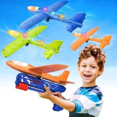 Fuwidvia 3 Pack Airplane Launcher Toys: LED Foam Glider Plane with 2 Flight Modes, Perfect Birthday Gift for Kids 4-12.