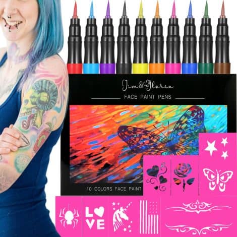 Jim&Gloria’s Teen Girls Face & Body Art Kit: 10 Colors, Brush Tip Markers, Fake Tattoos. Trending Gift for Tweens!