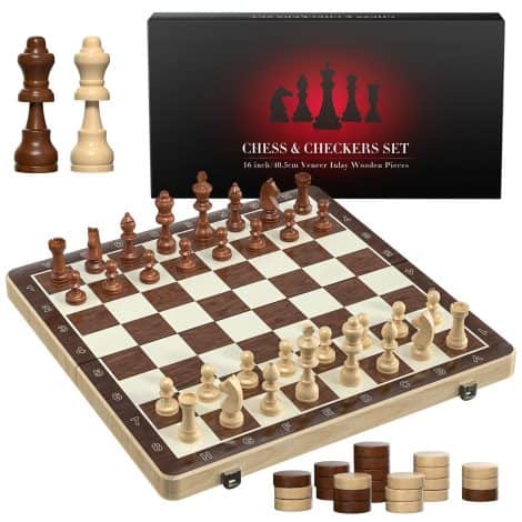 Meuzhen Magnetic Chess Set: 16″ Wooden Board Game for Adults & Kids, Perfect Chess Gift for Boys & Girls.