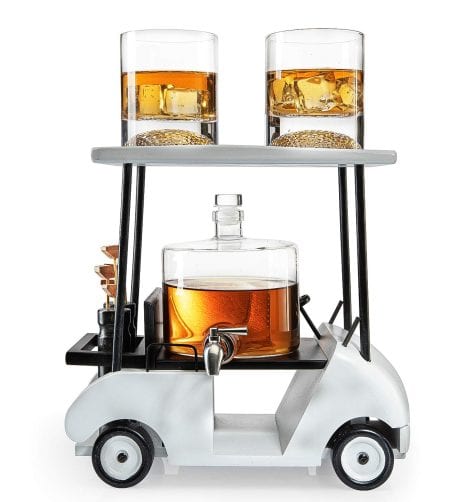 Replica Golf Cart Whiskey Set – Includes Golf Decanter, 2 Glasses. Golf-themed gift for golfers, both genders.