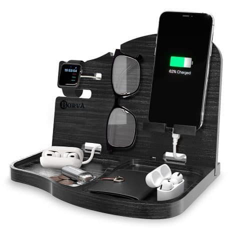 Wooden multi-functional bedside organizer with phone, wallet, watch, and key compartments. Perfect for home organization and gifting.