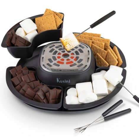 Indoor Flameless S’mores Maker – Perfect for movie nights, housewarmings, and romantic date nights. Includes 4 trays and forks.