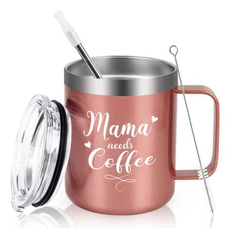 Rose Gold Insulated Travel Mug for Busy Moms – 12oz Mama Needs Coffee Mug with Handle