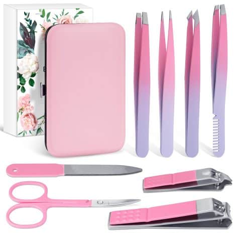 Travel-sized grooming kit for women: GRANDFUN Tweezers Nail Clippers with a bonus travel case. Perfect stocking stuffer idea for Christmas.