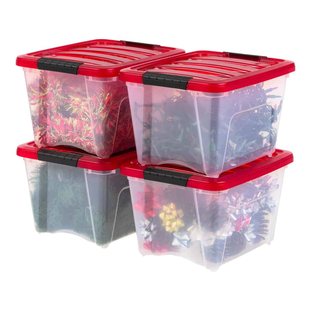 IRIS USA 19 Quart Stackable Plastic Holiday Storage Bins with Lids and Latching Buckles, 4 Pack - Clear/Red, Durable Containers for Long Term Storage Festive Seasonal Decorations Garlands Stockings