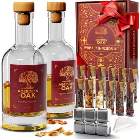 Create your own unique whiskey flavor with the Aberdeen Oak Whiskey Infusion Kit, featuring 9 botanicals and 3 wood chip varieties. Perfect gift for whiskey lovers!