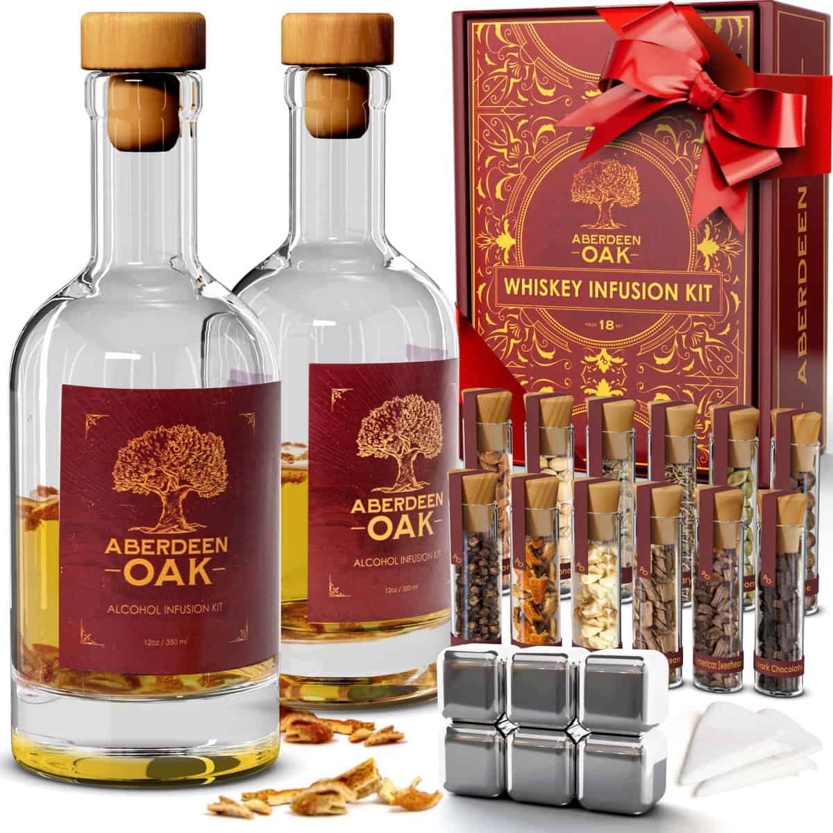 Aberdeen Oak Whiskey Infusion Kit - Craft Your Personalized Whiskey Flavor with 9 Botanicals & 3 Wood Chip Types - Makes a Fun Gift for Men, Husband, and Whiskey Enthusiasts