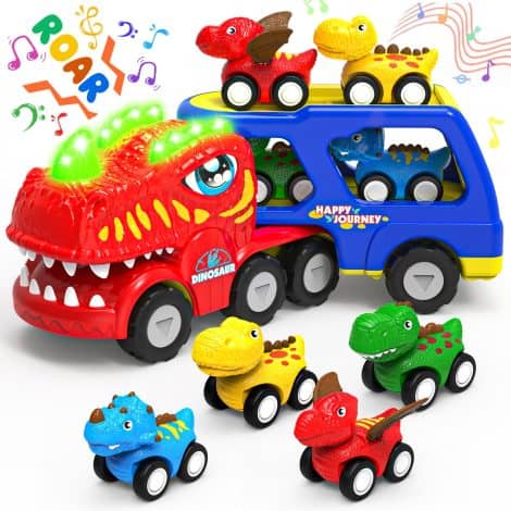 Dinosaur-themed toy trucks for boys ages 1-4 with sounds and lights. Perfect for imaginative play!