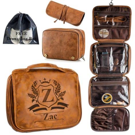 Large, customizable leather toiletry bag for men with name engraving. Ideal groomsmen or anniversary gift.