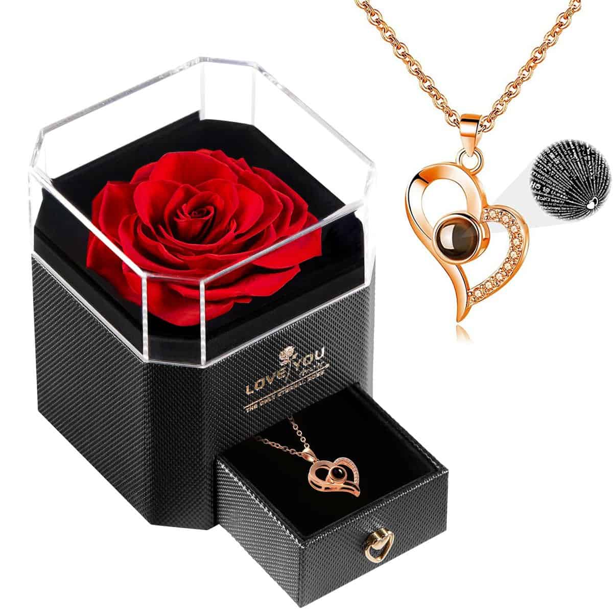 NOWWISH Preserved Red Rose with I Love You Heart Necklace - Gifts for Women, Mom, Wife, Girlfriend and Grandma on Christmas - Anniversary Birthday Gifts for Women