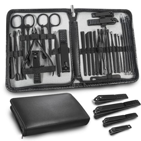 Luxurious travel manicure set for men and beauty enthusiasts, consisting of 30 tools in a portable black case.