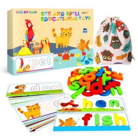 SpringFlower See & Spell toy for 3-6-year-old boys and girls. Enhances learning with shapes, colors, and words. Includes 80 pieces.