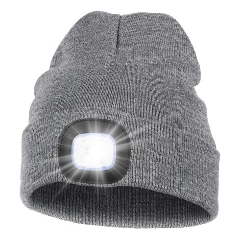 MELASA LED Beanie Hat: A cool, hands-free, and rechargeable hat with a built-in flashlight – perfect gift for men. (Grey)