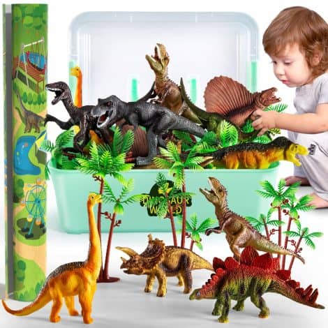 TEMI Dinosaur World Playset, Lifelike Jurassic Figures, with Mat & Trees, Ideal Gift for Kids 2-7.