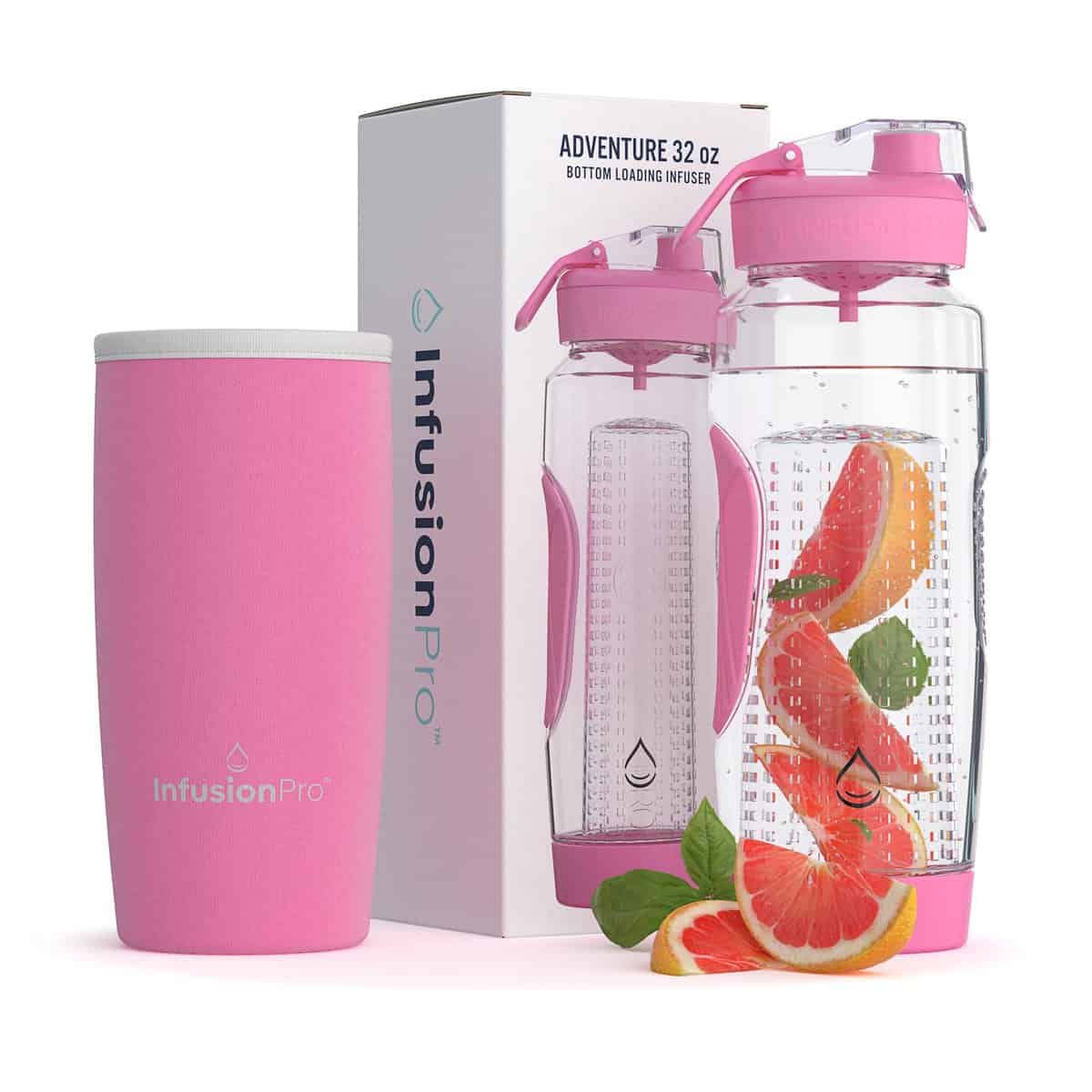 Infusion Pro 32 oz Fruit Infuser Water Bottle with Insulated Sleeve & 50 Recipe Fruit Infusion Water eBook : Bottom Loading, Large Water Infuser for More Flavor : Unique Gift Idea for Women