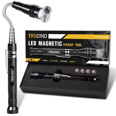 Unique gift ideas for men, dad, husband, or grandpa; magnetic flashlight and flexible LED magnet pickup tool.