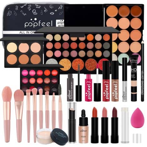 Complete cosmetic gift set for women, featuring makeup brush, eyeshadow, lip gloss, lipstick, blush, foundation, concealer, mascara, and brow pencil.