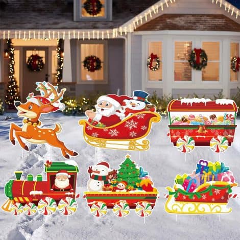 Festive 6-piece Outdoor Christmas Decor Set with Reindeer, Snowman, Train, Santa Claus for Holiday Lawn Décor.