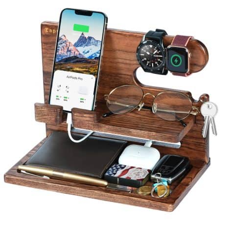 Wooden phone docking station and nightstand organizer; perfect gift for men, dad, husband; great for Christmas, birthdays, and anniversaries.