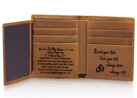 Engraved leather wallet, personalized for men. Perfect gift for husband, dad, son, boyfriend. (Tri-fold wallet for your love)