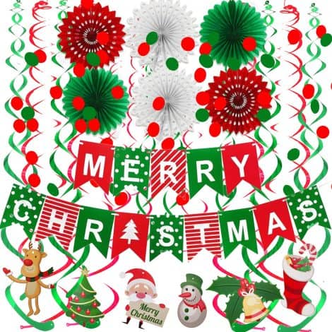 FECEDY Festive Christmas Party Decoration: Merry Christmas Banner, Paper Fans, Confetti, Hanging Garlands, Swirl Streamers, Tree, Snowman and God Tang.