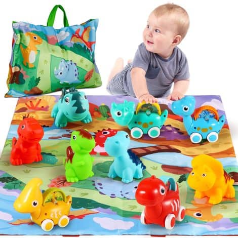 ALASOU 9 pieces of dinosaur-themed car toys with playmat and storage bag — perfect gift for 1-2 year old boys!