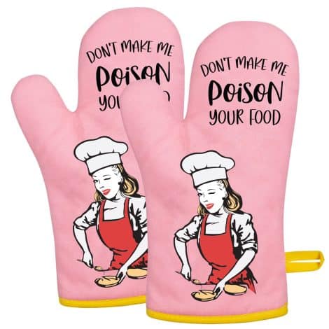 Get a laugh in the kitchen with these charming, vintage-style pink oven mitts – perfect for gifting!