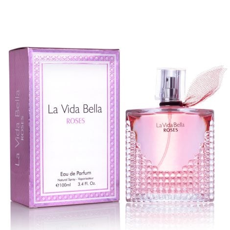 La Vida Bella Roses for Women Eau De Parfum – A 100ml bottle of luxurious floral amber fragrance with raspberry and bergamot undertones.