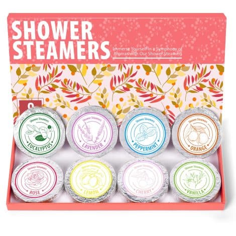 8-pack of BYART Aromatherapy Shower Steamers – Pure Essential Oil Shower Bombs for a self-care spa experience. Perfect gift for her birthday or Christmas!