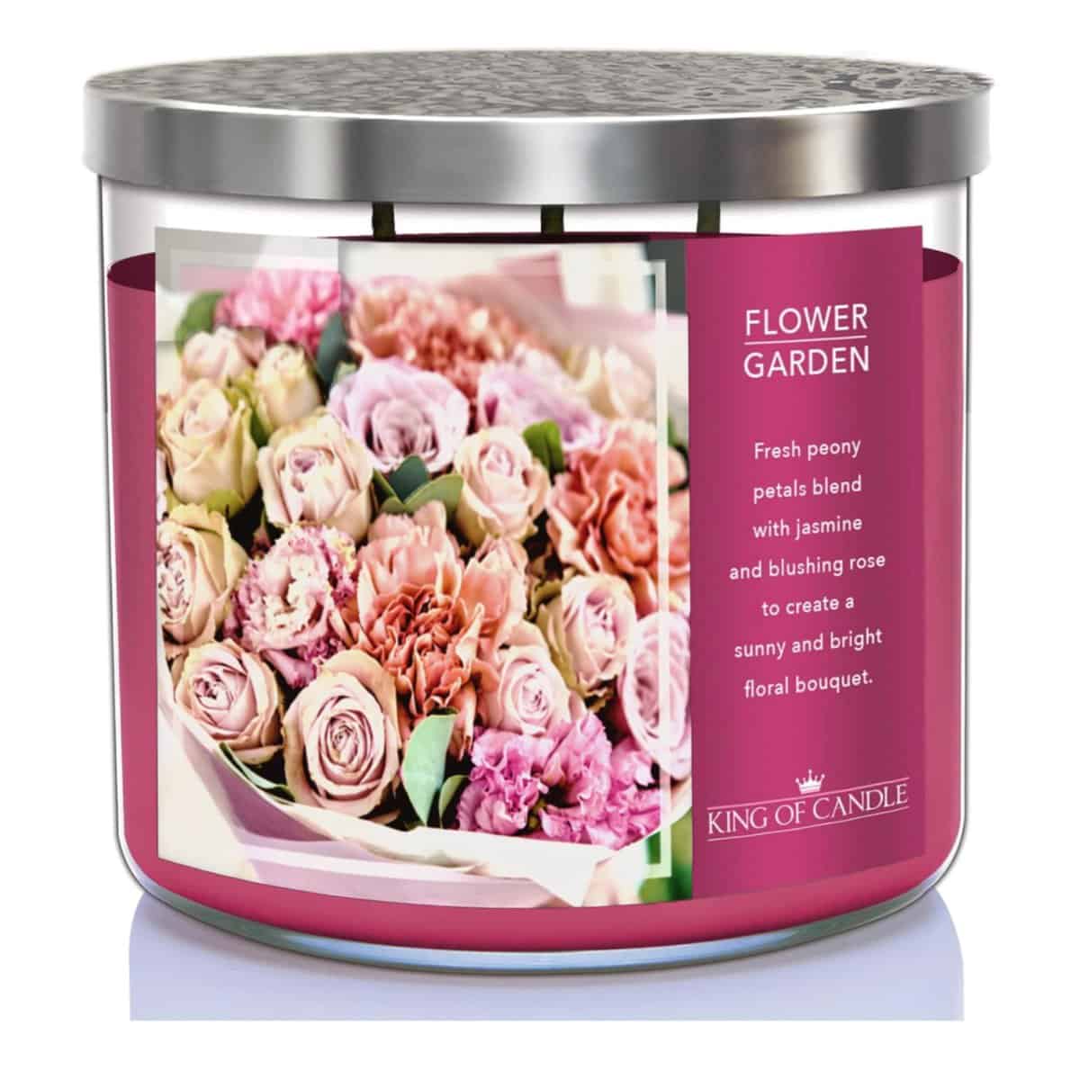 King of Candle Flower Garden | Pink Peony + Wild Jasmine + Ballerina Rose | Strong, Large 3 Wick Floral Candle | Long Lasting, Highly Scented, Non Toxic Soy | Big 14oz Jar | Premium Luxury Gifts for Women Mom Sister