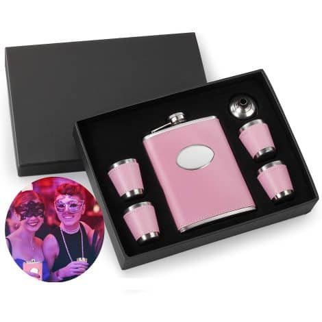 GENNISSY 8OZ PINK Hip Flask Set: A stylish gift box for women including flask, funnel, and 4 cups.