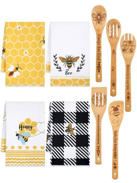 “Bee-themed kitchen and bath set: 9 Bee Decor pieces, 4 Kitchen Towels, 5 Wooden Spoons. Perfect housewarming gift.”