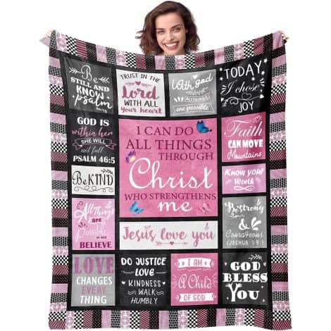 Christian-themed throw blanket, perfect for prayer and soothing comfort, showcasing Christ’s love and inspirational messages. 50″x60″ size.