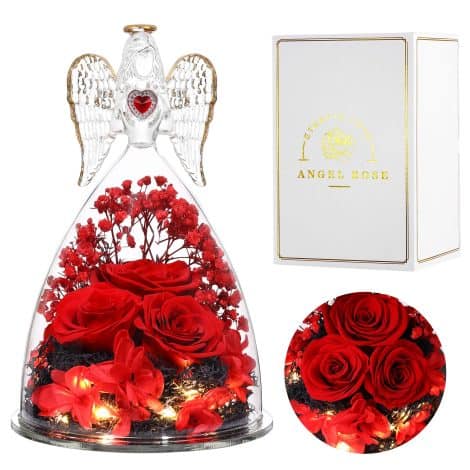 Elegant Red Preserved Flower Angel Figurines: Special Three Real Roses in Glass. Perfect Gifts for Her on Holidays.