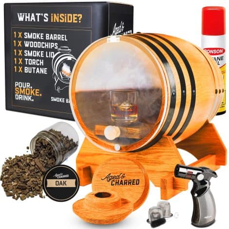 Whiskey and Bourbon Lover’s Old Fashioned Kit – Authentic American Barrel Set with Cocktail Smoker and Butane Torch – Ideal Gifts for Him.