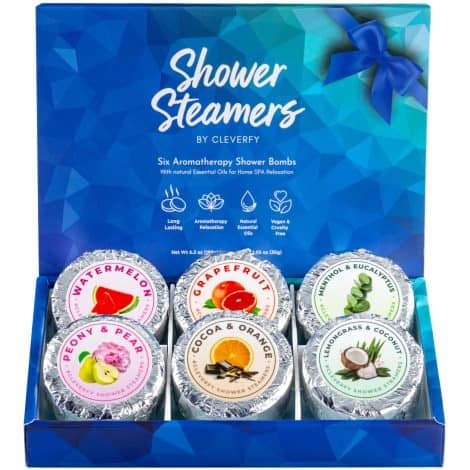 Cleverfy Aromatherapy Shower Steamers – 6 Variety Shower Bombs with Essential Oils. Perfect Self Care Christmas Gift for Women, Adults, and Teens. Blue Set!