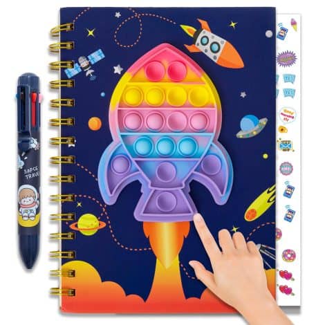 Colorful Pop Notebook with Fidget Bubble Cover, Rocket Design for Boys and Girls, includes Pens and Stickers. Perfect for School and Creativity. Ages 6-12.