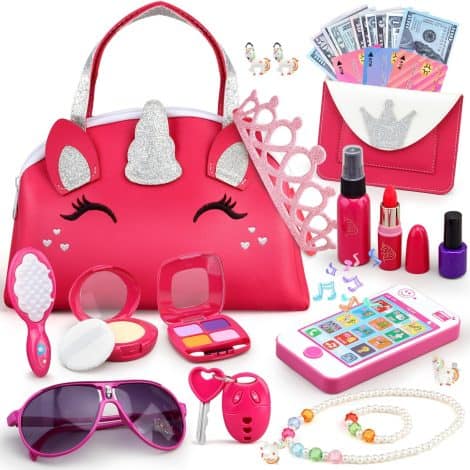 Princess Play Set: Imaginary Makeup, Toy Purse, Sunglasses, Jewelry, Toy Phone, and More for Girls’ Birthdays.